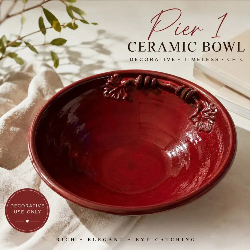 Pier 1 Red Glossy Ceramic Decorative Bowl, Leaf Pattern, Round